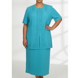 VTG Ksl Division of KARIN STEVENS 2-Fer Teal Pearl Embroidered Dress Suit Sz 24W